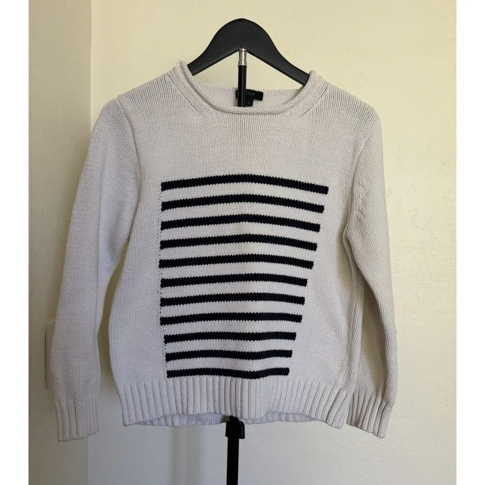 J Crew Women’s M Navy Blue White Stripe Nautical Sweater Cotton Preppy Coastal